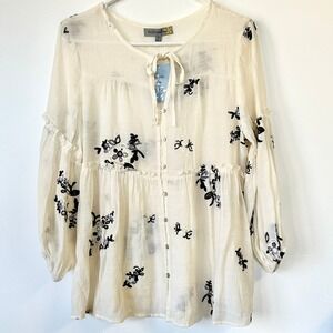 Floral & Ivy Cream Embroidered Floral Gauze Babydoll Blouse Tie Neck Medium NWT